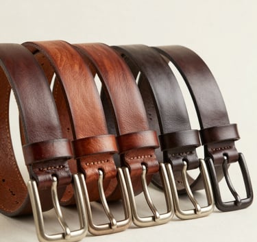 A row of various finely crafted leather belts in walnut brown and dark chocolate brown, presented on a minimalist creamy off-white background.