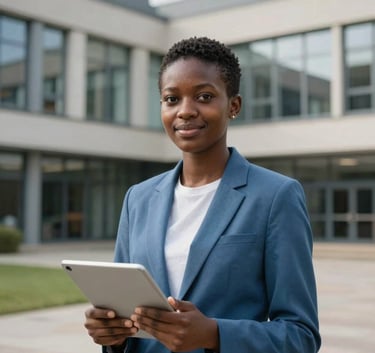 A professional and confident young student from West Africa standing in a modern university courtyard in the UK. They are wearing a slate blue blazer and holding a tablet, with soft-focus modern campus architecture in the background.