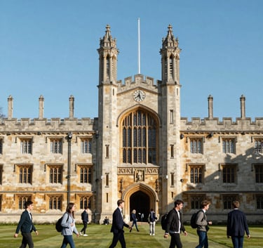 A wide, majestic shot of a historic British university campus featuring limestone Gothic architecture and a clock tower under a clear slate blue sky. In the foreground, students in smart casual attire walk across a manicured lawn.