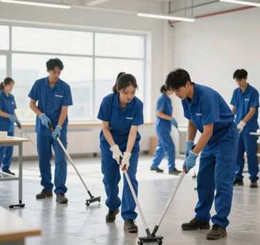 A team of professional cleaners in steel blue uniforms working efficiently in a large, bright, modern commercial space, daytime, Central European setting.