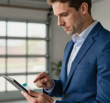 A professional North American / Canadian marketing expert in a Steel Blue suit reviewing social media analytics on a tablet, a high-end garage visible in the background.