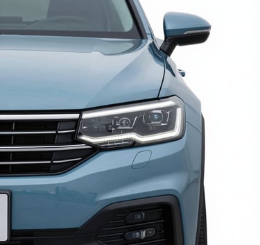 A minimalist studio photograph of a modern car headlight and grille, sharp focus, clean lighting, incorporating #89AAB8 and #0A1F26 tones, representing professional automotive maintenance.