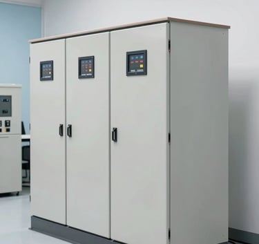A wide-angle professional shot of a large, modern electrical compensation panel in a bright, clean Turkish / Anatolian industrial facility. The panel is a neutral pale grey, standing against a clean wall with subtle sky blue accents in the environment.