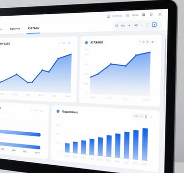 A minimalist and sophisticated digital dashboard interface shown on a high-resolution screen, featuring clean line graphs and financial charts in #1F3A60 and #587EA3, conveying clarity and effortless efficiency.