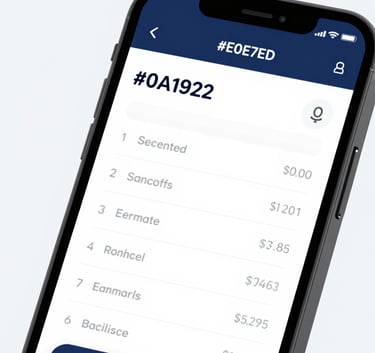 A professional close-up of a mobile device displaying a list of financial records with clean typography and intuitive navigation, using a palette of #0A192F and #E0E7ED, bright and clear studio lighting.