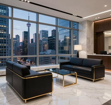 High-end corporate office in Toronto at dusk. Large windows reveal city lights. Interior features dark navy black furniture, gold accents, and white marble surfaces. Serious, professional atmosphere, North American / Canadian setting.