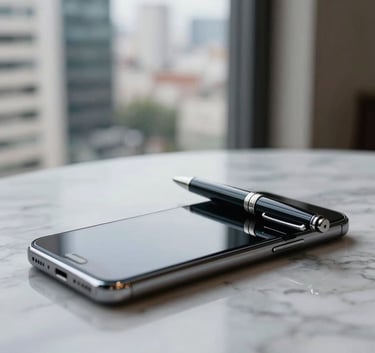 Close-up of a high-end smartphone and a designer pen on a marble desk, a soft-focus business district view through the window, Sul-Americano / Brasileiro urban atmosphere, professional photography.