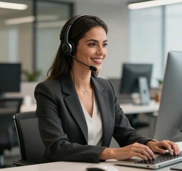 A professional Brazilian woman wearing a sleek headset, smiling warmly while working at a clean, modern desk in a high-end office, soft focus background, lighting in tones of charcoal and muted gold.