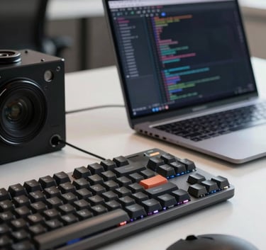 A professional close-up photograph of a programmer's workstation in Northamptonshire. A mechanical keyboard and a mouse sit beside a laptop showing a complex backend script. The background is softly blurred, showing a modern, clean interior. The lighting is sophisticated, emphasizing textures of metal and plastic without a digital sheen.