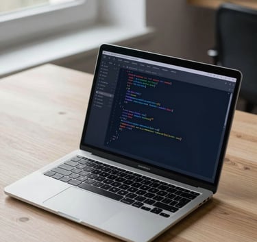 A high-resolution, candid photograph of a sleek silver laptop on a minimalist oak desk in a Northern European office. The screen displays lines of clean React code in a dark-themed editor. Natural morning light spills from a side window, creating soft shadows. No people are visible. The palette includes shades of cool gray and dark slate blue.