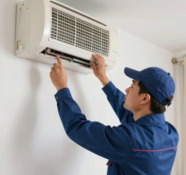 A professional AC technician in a clean navy uniform (#1A202C) servicing a wall-mounted split unit in a modern Noida home, soft natural light, conveying expertise and reliability.