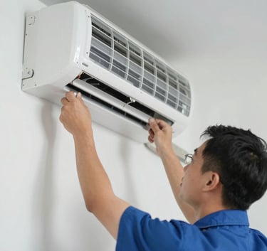 A technician carefully mounting a high-efficiency AC unit on a wall, showing precision and professional care, modern interior, palette includes #4A6D8C and #F5F7FA.