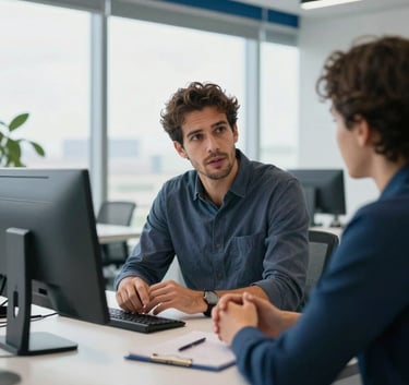 A professional Brazilian IT consultant in a modern sky blue and white themed office discussing digital transformation strategies with a client, natural daylight.