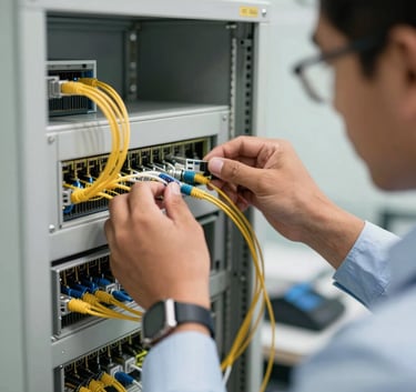 A close-up shot of professional IT specialists hands working on a fiber optic network panel in a South American corporate office, bright and sharp focus.