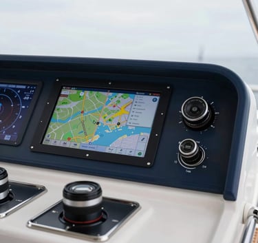 A modern yacht cockpit featuring a dual-screen integrated navigation system with bright maps and radar overlays, technical and premium aesthetic, soft natural lighting, white and dark blue accents.