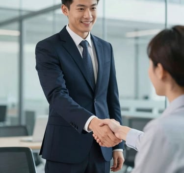 A professional recruiter in a dark navy suit shaking hands with a candidate in a bright, modern glass office, symbolizing a successful placement and trust.