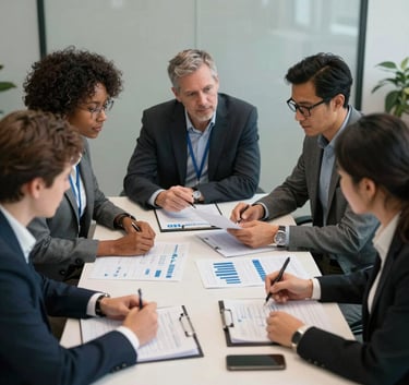 A collaborative strategy session in a North American corporate environment, showcasing a diverse team analyzing logistics and intelligence data, exuding efficiency and reliability.