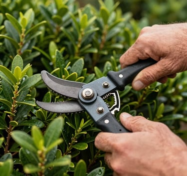 A close-up of a professional landscaper's hands using hedging tools on a vibrant dark green shrub in a Oceanic / Australian (Victoria) garden.