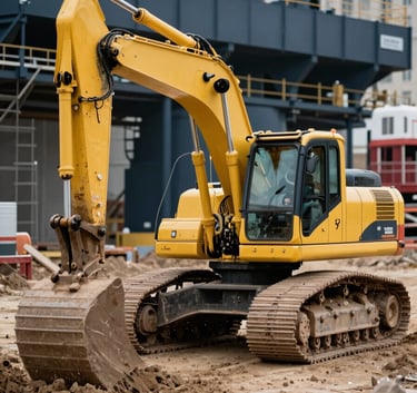 A powerful yellow crawler excavator digging earth at a large construction site in a Eastern European / Russian city, surrounded by Dark Slate Blue industrial equipment, sharp focus, professional photography.