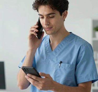 A professional portrait of a healthcare technology specialist using a sleek mobile device in a minimalist North American office setting. The composition uses natural light and features colors like light blue and medium blue.