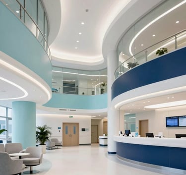 A wide shot of a modern, clean medical facility lobby in the US, featuring innovative architectural lines and a bright, sophisticated atmosphere with a palette of pale blue and deep navy.