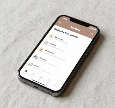 A professional studio shot of a smartphone resting on a soft off-white linen surface, showing a clean delivery management dashboard with muted earth brown accents.