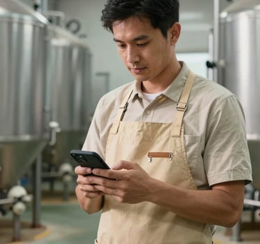 A professional dairyman in a warm sand beige apron using a smartphone in a bright, modern milk processing facility. The lighting is clean and professional.