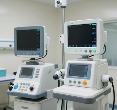 Detailed view of advanced, modern medical monitoring equipment in a quiet, clean hospital room. The lighting is bright and professional, suggesting a high-tech and reliable medical environment in a Brazilian facility.