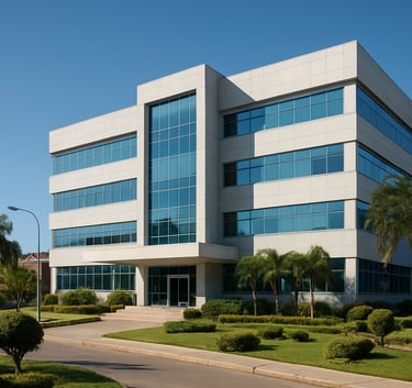 An exterior wide shot of a modern hospital building in a South American town, featuring a clean architectural design with glass panels and well-maintained greenery, under a clear blue sky during the daytime.