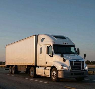 A sleek, modern semi-truck traveling on a wide American interstate highway during a clear sunset. The sky transitions through shades of Steel Blue and Muted Blue-Grey. The lighting is crisp, highlighting the Soft Off-white details of the truck.