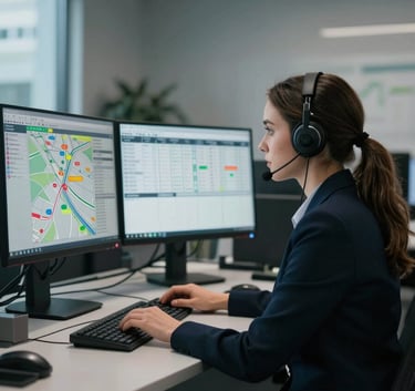 A professional female dispatcher in a modern, clean office space with Dark Navy furniture. She is looking at several large monitors displaying complex logistics maps and freight schedules. The room is filled with soft light and Muted Blue-Grey accents.