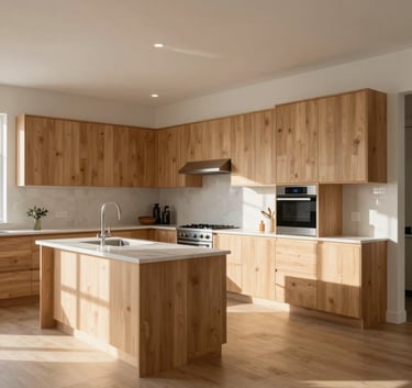 A wide angle interior shot of an open-concept North American kitchen with custom light wood cabinetry, integrated smart appliances, and clean architectural lines under soft morning sunlight.