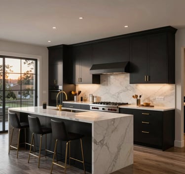 A luxury modern kitchen in a North American home featuring sleek matte black cabinetry, gold hardware accents, and a large white marble waterfall island, professional architectural photography, warm evening lighting.