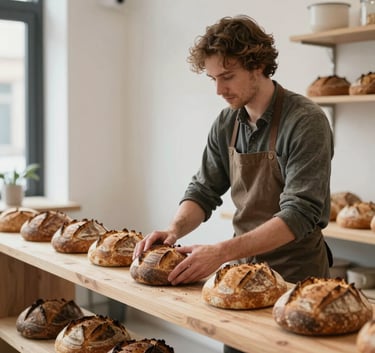 An artisanal baker in a North American shop carefully arranging sourdough loaves on a minimalist wooden shelf, soft natural lighting, Scandinavian style.