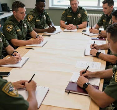 A North American agency team in a collaborative planning session at a large Crisp Parchment table with Deep Ripe Crimson notebooks and Matte Forest Green office details, natural lighting.