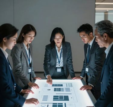 A group of diverse professionals in North American business attire working around a high-tech illuminated table in a modern office, focused on a digital presentation, with soft light gray and muted blue lighting.