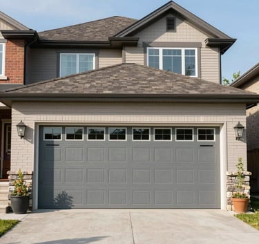 An exterior shot of a beautiful suburban house in Orangeville, Ontario, featuring an elegant slate grey garage door under bright, natural daylight.