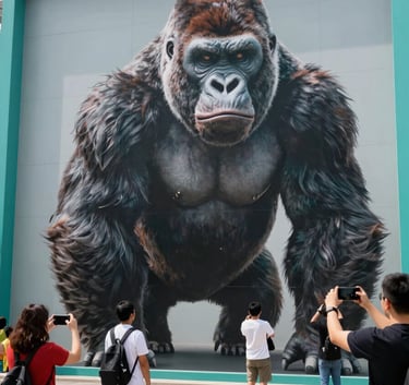 A giant gorilla 3D illusion printed on a large-format gigantography wall in a sleek theme park, visitors interacting and taking selfies, professional photography, North American / International setting, bright daylight, teal accents.