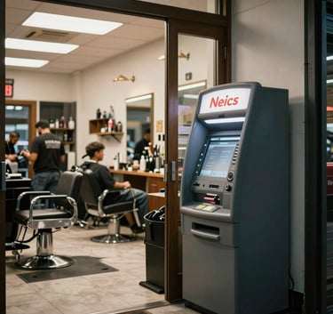 A wide shot of a busy North American barbershop with a sleek ATM machine placed near the entrance, customers in the background, warm interior lighting.