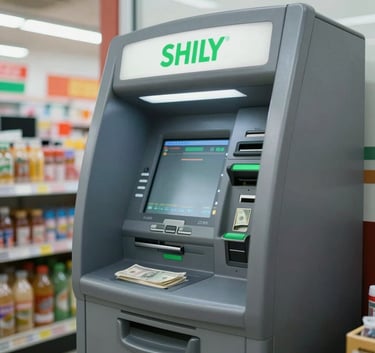 A high-quality close-up photograph of a modern ATM machine in a well-lit North American convenience store, featuring money green accents and professional lighting.