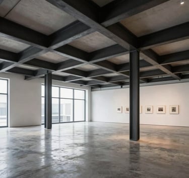 Wide-angle photography of a modern, open-concept gallery space in North America with polished concrete floors and charcoal steel beams, demonstrating structured architectural clarity.