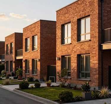 A luxury residential street in a Northern European suburb featuring newly constructed contemporary brick houses with large windows and manicured front gardens, captured during the golden hour.