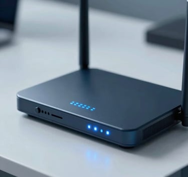 A close-up shot of a sleek, modern internet router with glowing blue LED indicators on a clean desk. The lighting is professional and soft, incorporating a palette of #0A192F and #ADC8CD to convey reliability and advanced technology.