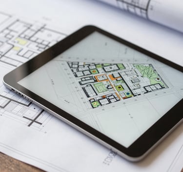 A sophisticated close-up of high-quality architectural blueprints and a digital tablet on a wooden table, representing the intersection of land development tradition and modern consulting technology.