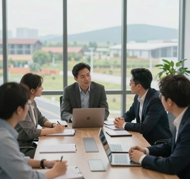 A professional collaborative meeting between land developers and consultants in a bright, modern office space with large windows overlooking a developing landscape.
