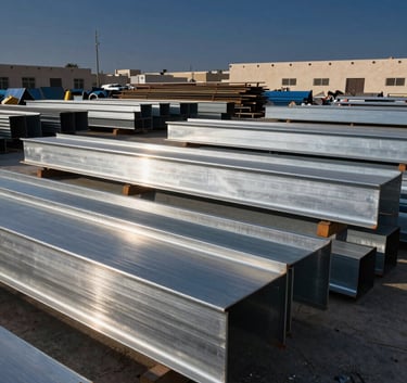 A wide-angle shot of a clean, organized industrial scrap yard in the Dammam area of Saudi Arabia, with metallic silver steel beams stacked neatly, sunlight reflecting off polished surfaces, professional atmosphere, midnight navy and industrial blue accents.