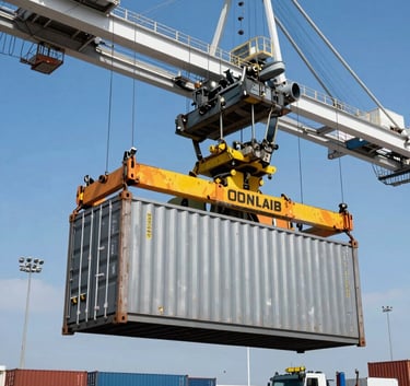 A professional logistics operation in a Middle Eastern / Gulf industrial port, showing a heavy-duty crane lifting metal containers, clear bright blue sky, sharp focus, metallic silver and cloud grey industrial tones.
