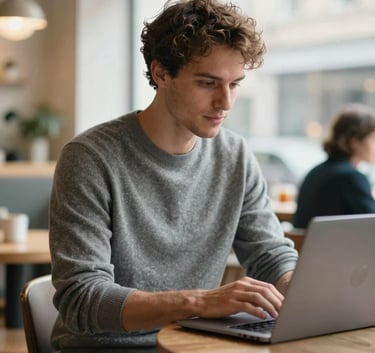 A professional entrepreneur working on a sleek laptop in a bright, modern British / UK cafe, wearing a slate grey outfit, soft natural lighting.