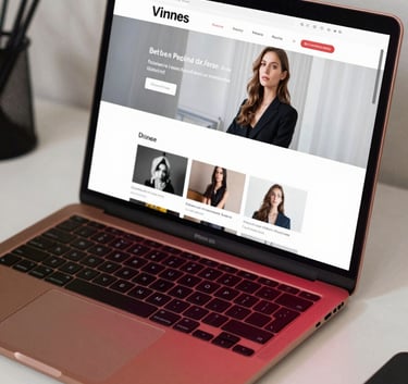 Close-up of a high-end laptop displaying a clean website design on a white desk in a British / UK home office, palette includes deep crimson red accents.