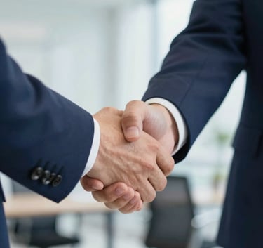 Close-up of a professional handshake in a bright, modern office setting. The lighting is soft and natural, emphasizing trust and collaboration. The suits are dark navy blue (#1A2E44), and the atmosphere is clean and sophisticated.